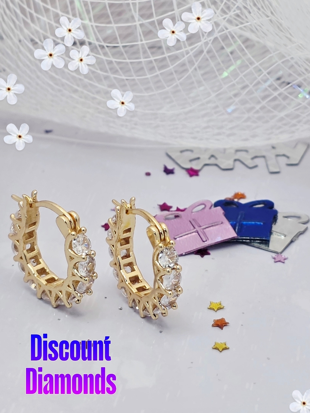 Clear White Diamond Hoop Earrings 18K Gold on 925 Silver